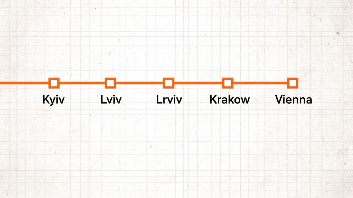 Flat route line drawn across the student tour legs from Kyiv to Krakow, Budapest and Vienna